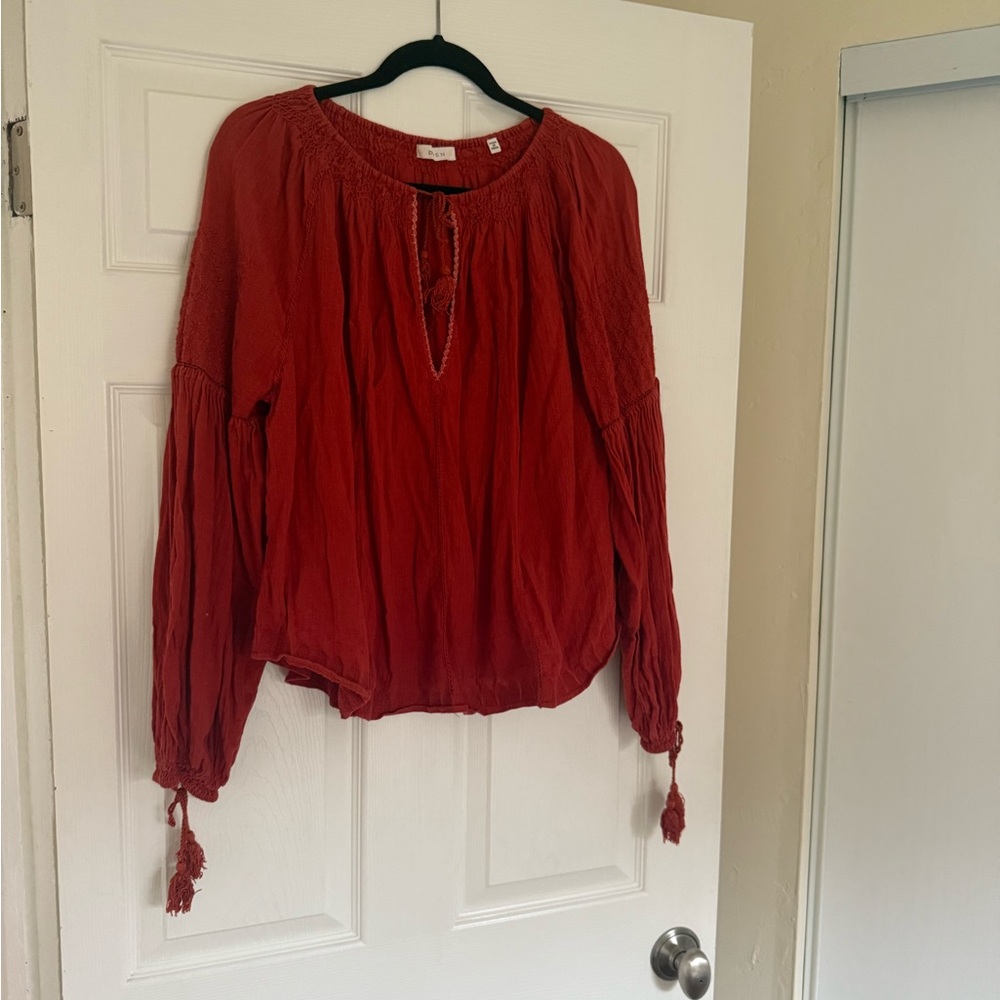 Doen Deep Red Blouse with Tassel Accents